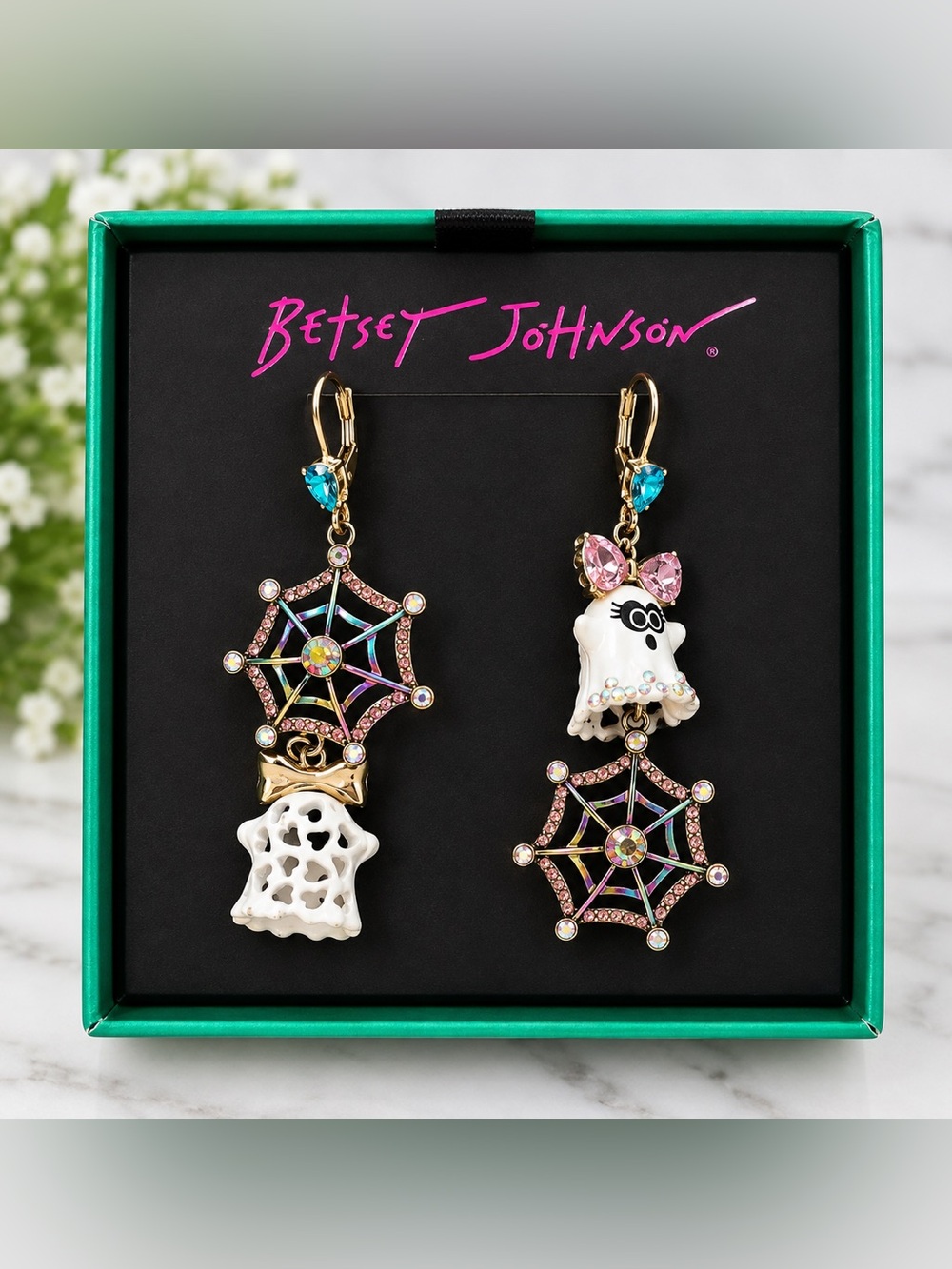 Betsey Johnson Halloween Ghost & Spiderweb Drop Earrings 👻🕸️